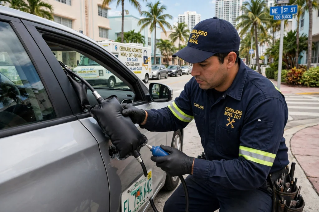 Cerrajero móvil abriendo la puerta de un auto sin daños con herramienta profesional en Miami