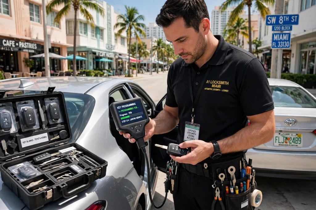 Locksmith programming a car key fob remote in Miami