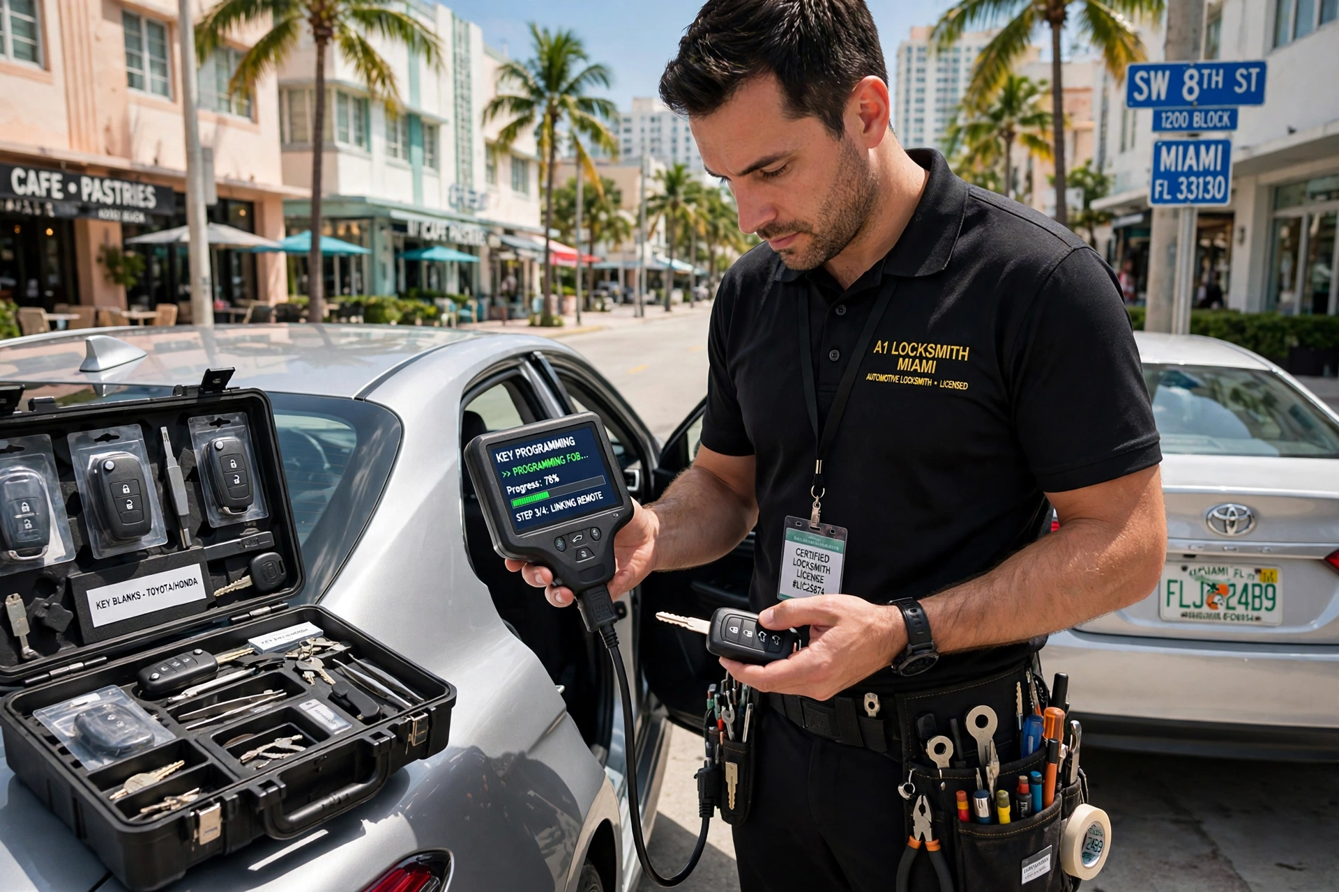 Locksmith programming a car key fob remote in Miami