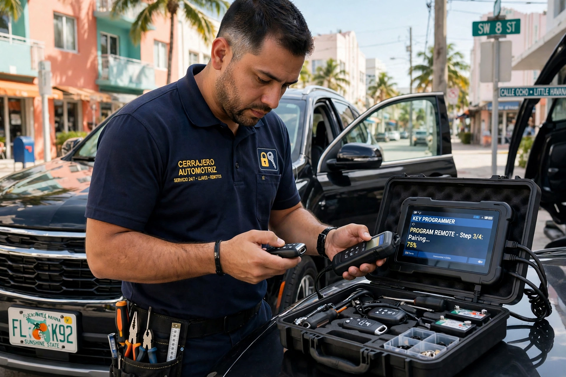 Cerrajero programando un control remoto de auto en Miami