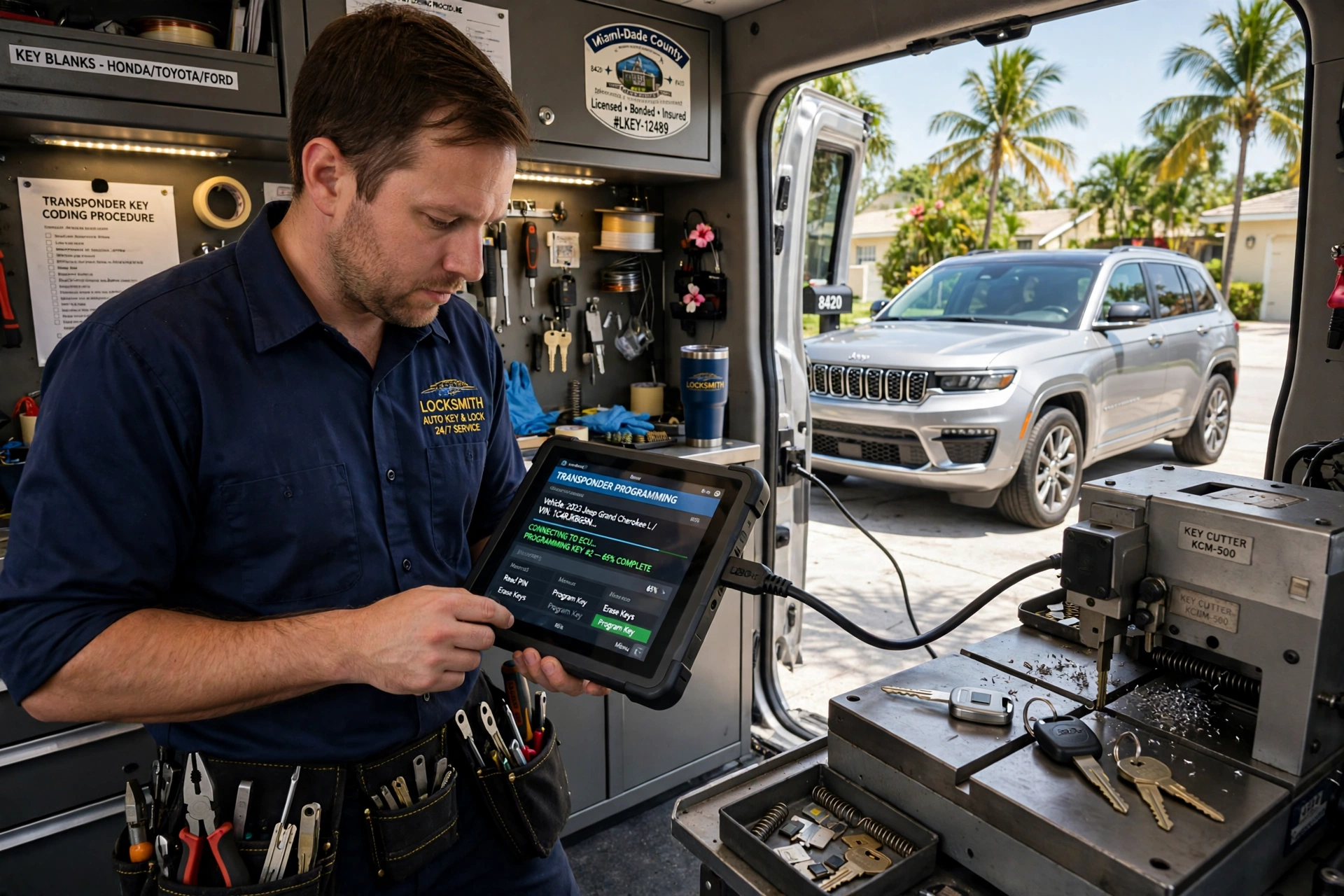 Automotive locksmith programming a transponder car key with a diagnostic tablet in Miami