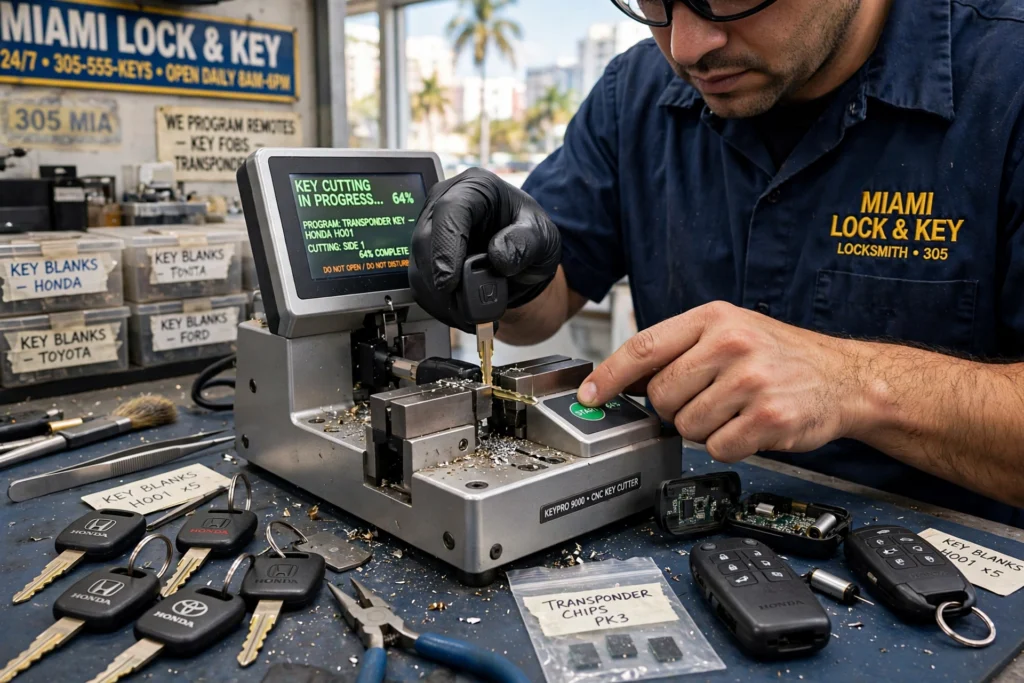 Cerrajero duplicando una llave de carro con chip en una cortadora electrónica en Miami