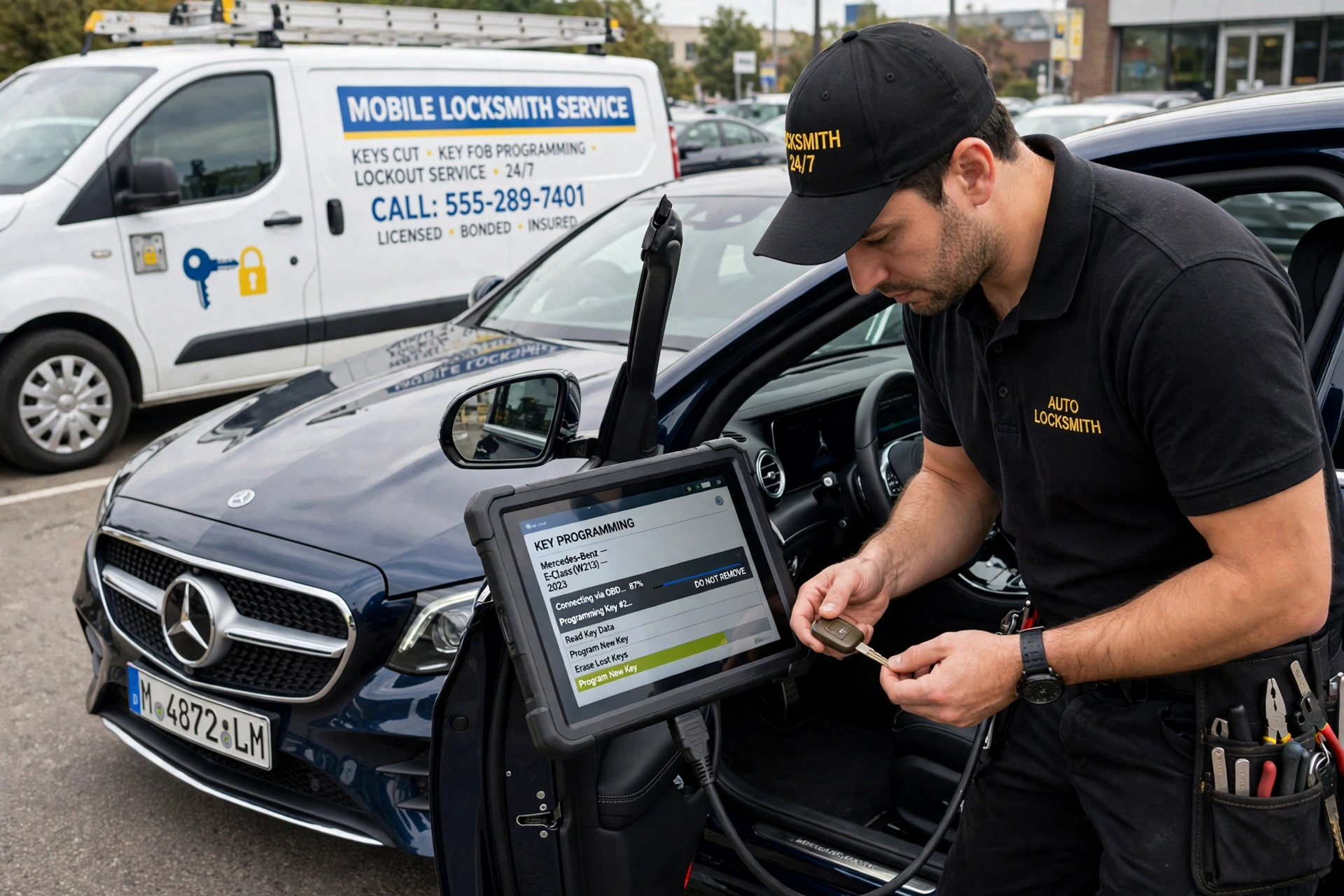 Automotive locksmith programming a key for a European luxury car in Miami