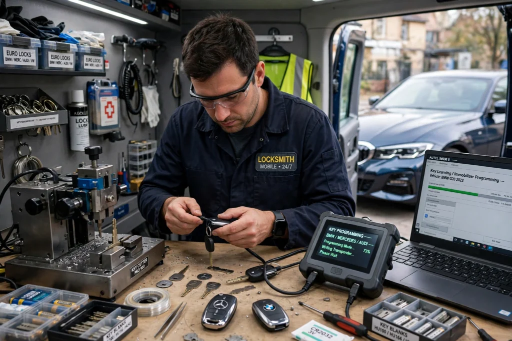 Cerrajero automotriz programando una llave para un auto europeo de lujo en Miami