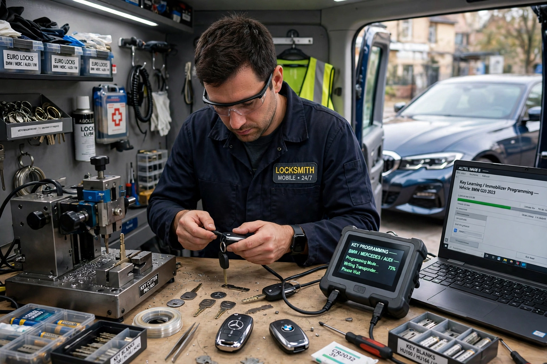 Cerrajero automotriz programando una llave para un auto europeo de lujo en Miami