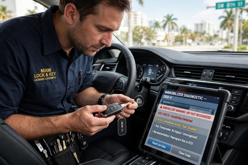 Car immobilizer system Miami — locksmith diagnosing an immobilizer fault with a transponder key