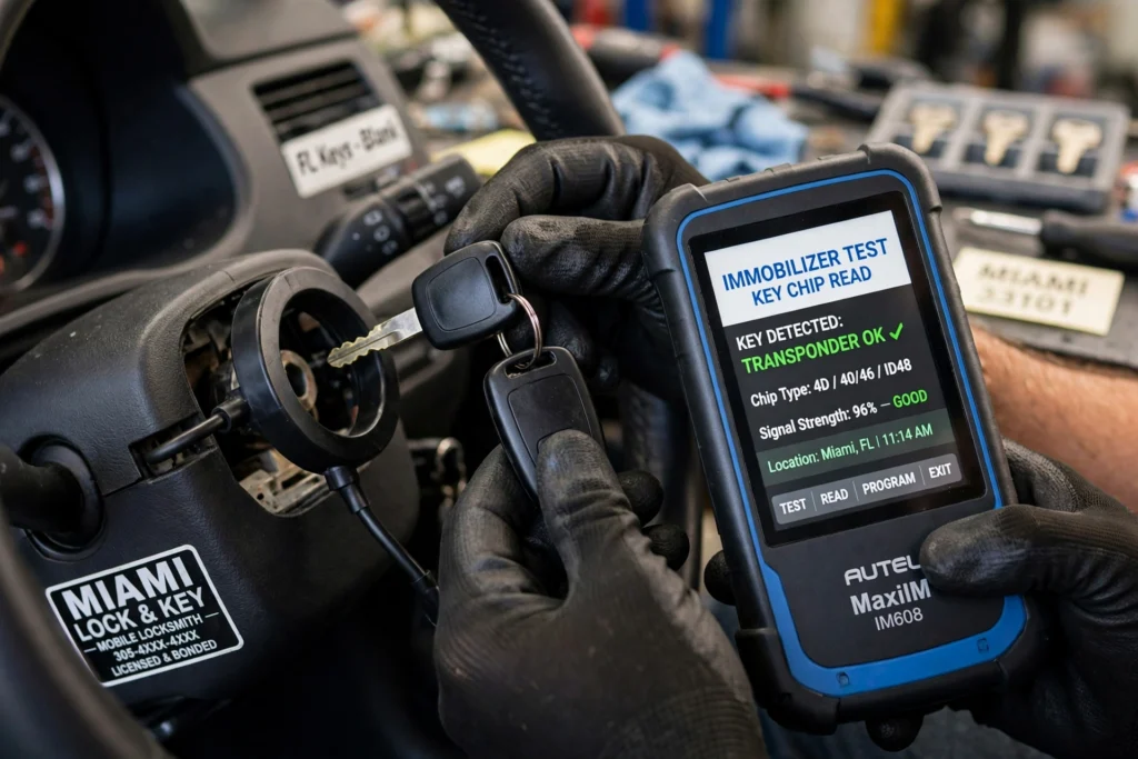Inmovilizador de auto Miami — cerrajero probando una llave con chip en la antena del inmovilizador