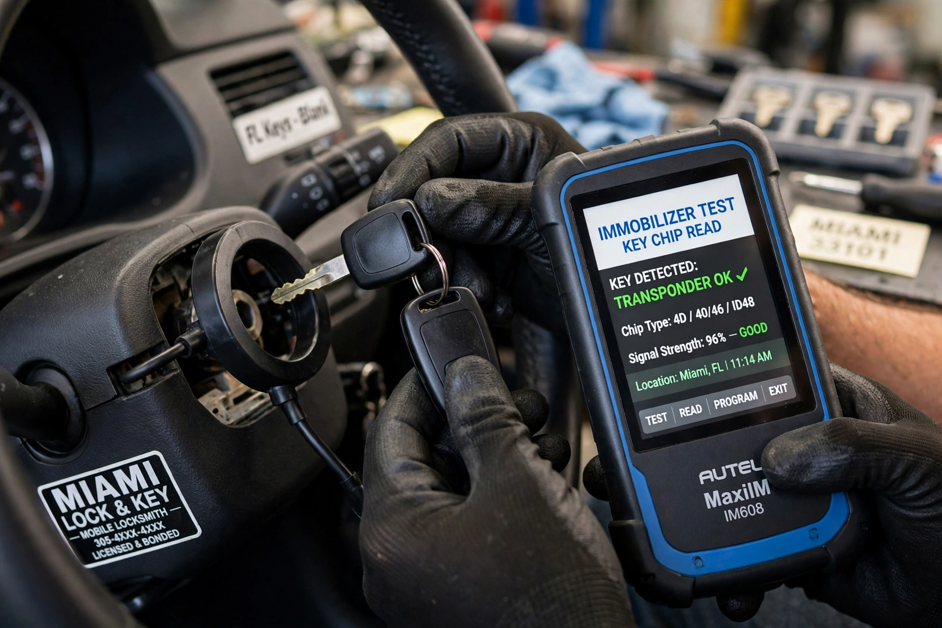 Inmovilizador de auto Miami — cerrajero probando una llave con chip en la antena del inmovilizador