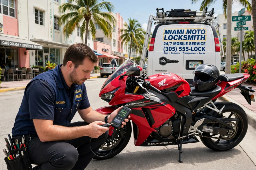 Japanese motorcycle key replacement Miami — locksmith programming a Honda motorcycle key