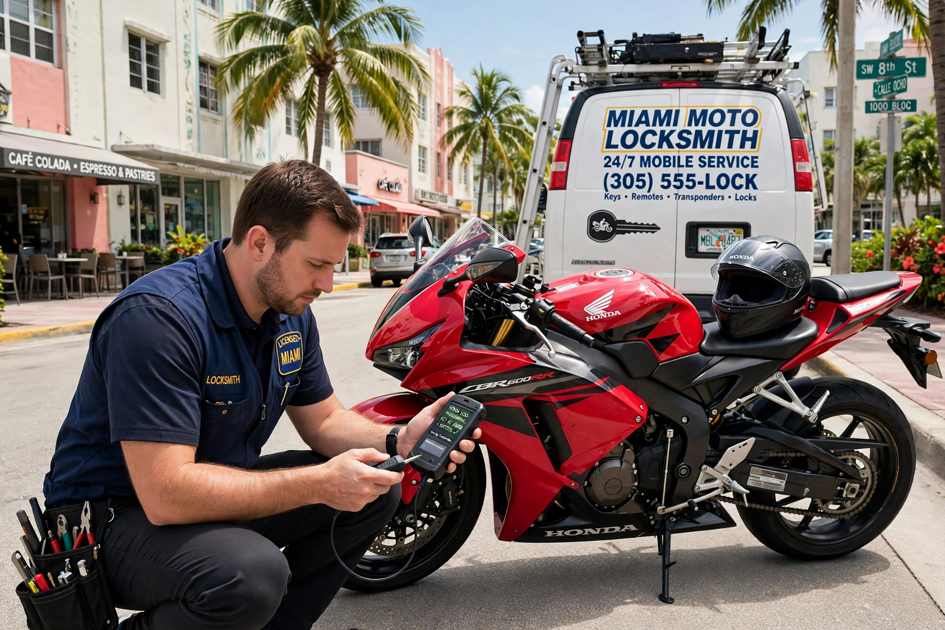 Japanese motorcycle key replacement Miami — locksmith programming a Honda motorcycle key