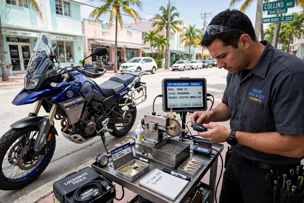 Llave de moto japonesa Miami — cerrajero programando una llave de moto Yamaha