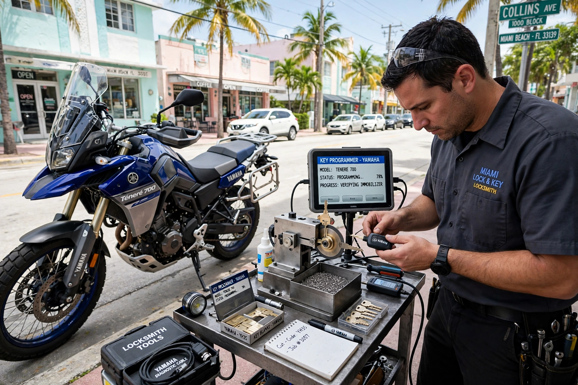 Llave de moto japonesa Miami — cerrajero programando una llave de moto Yamaha