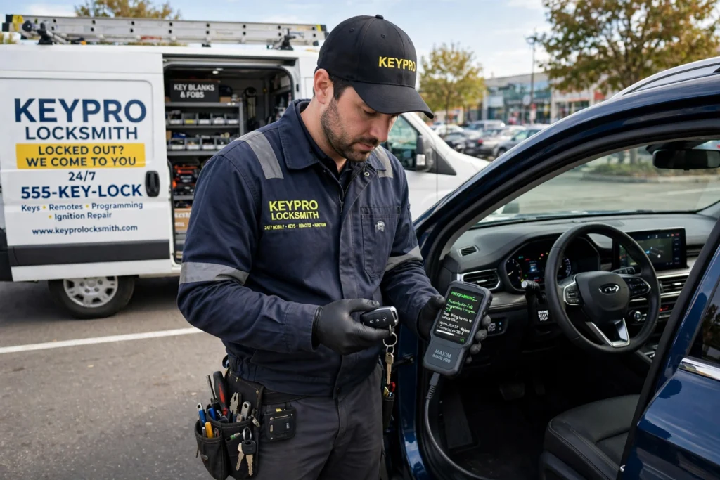 Automotive locksmith programming a smart proximity car key fob with a diagnostic programmer in Miami