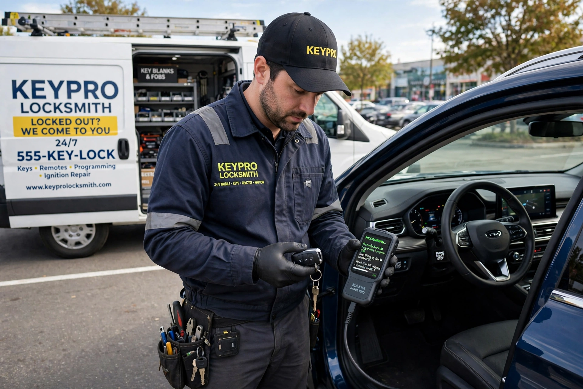 Automotive locksmith programming a smart proximity car key fob with a diagnostic programmer in Miami