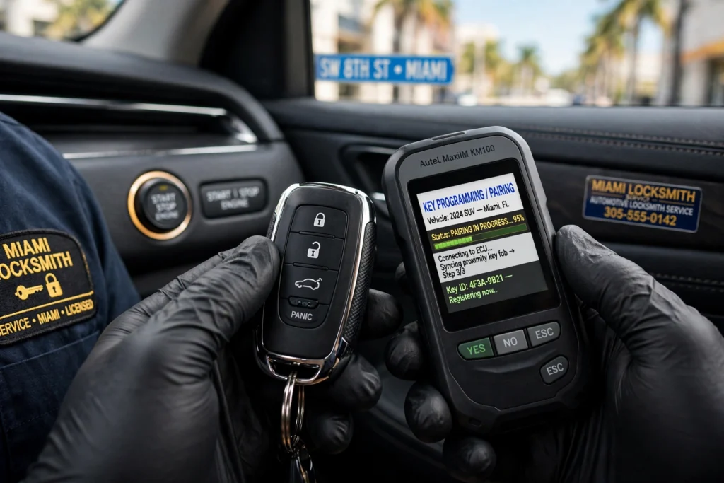 Cerrajero programando una llave inteligente de proximidad para auto con un programador de llaves en Miami