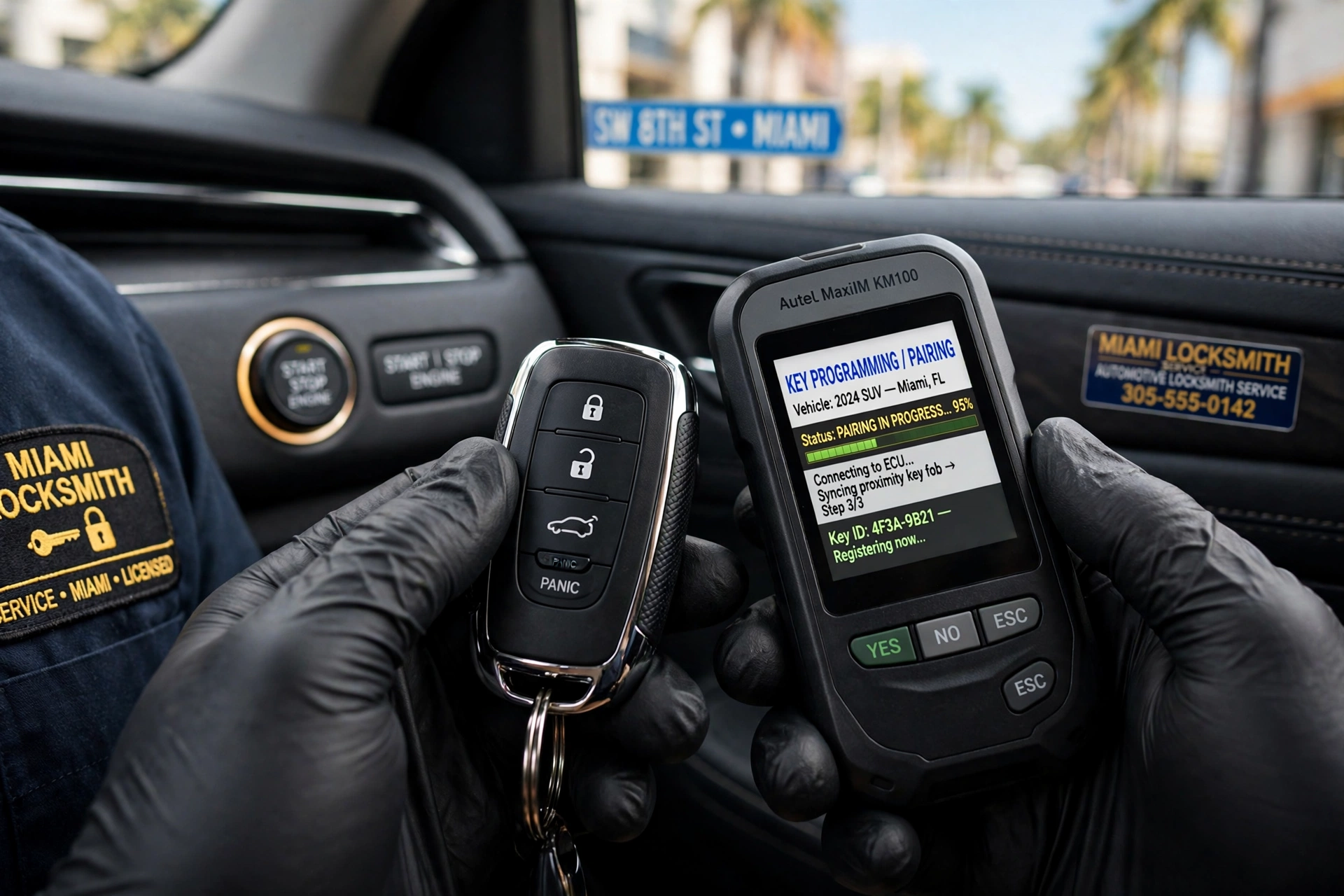 Cerrajero programando una llave inteligente de proximidad para auto con un programador de llaves en Miami