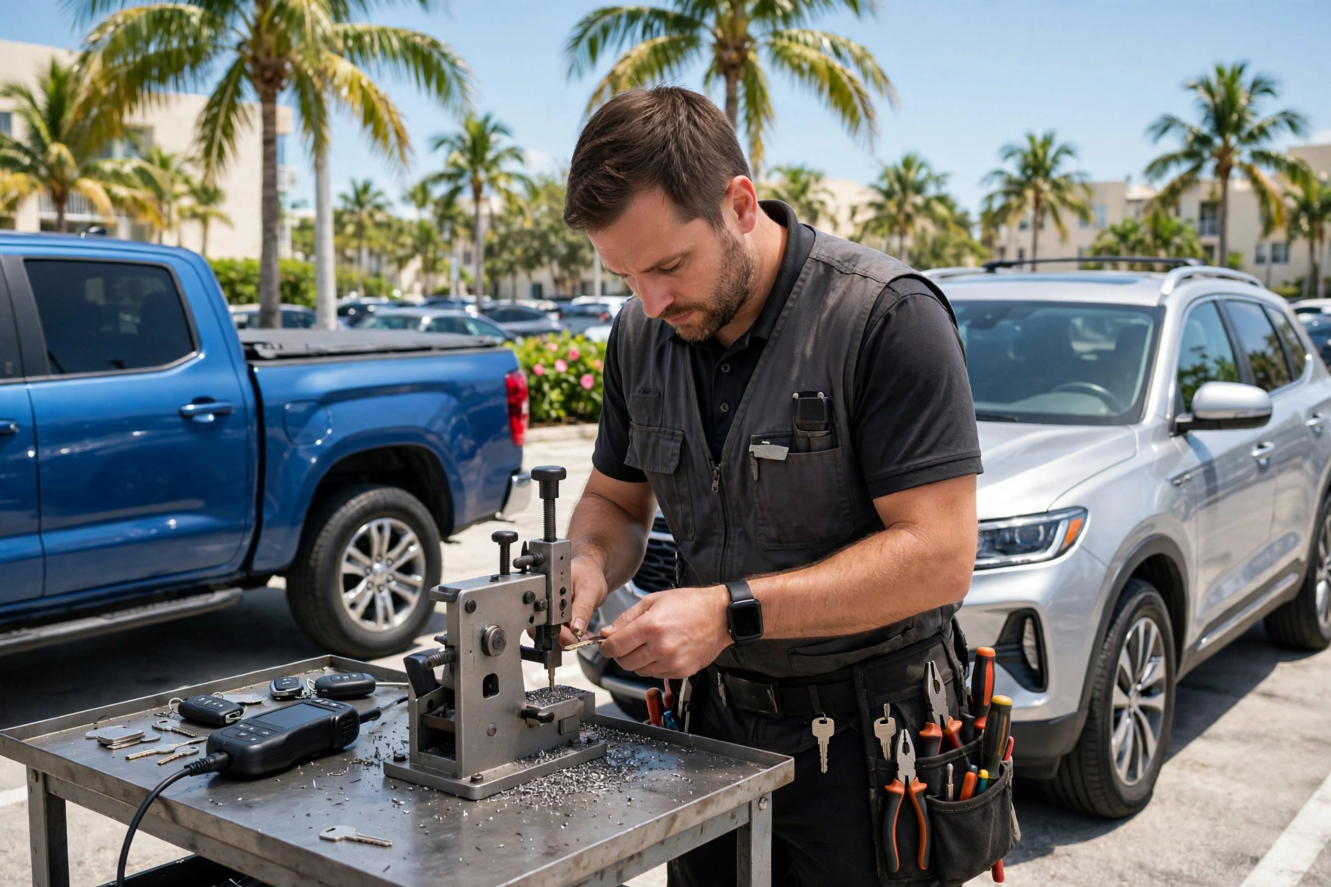 Cerrajero cortando y programando una llave para una camioneta y una SUV en Miami.