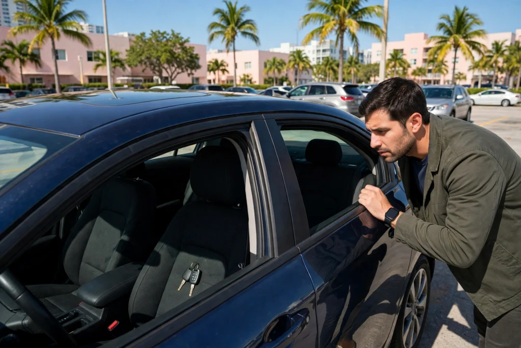 Conductor junto a un carro cerrado en Miami revisando la puerta, con las llaves visibles adentro