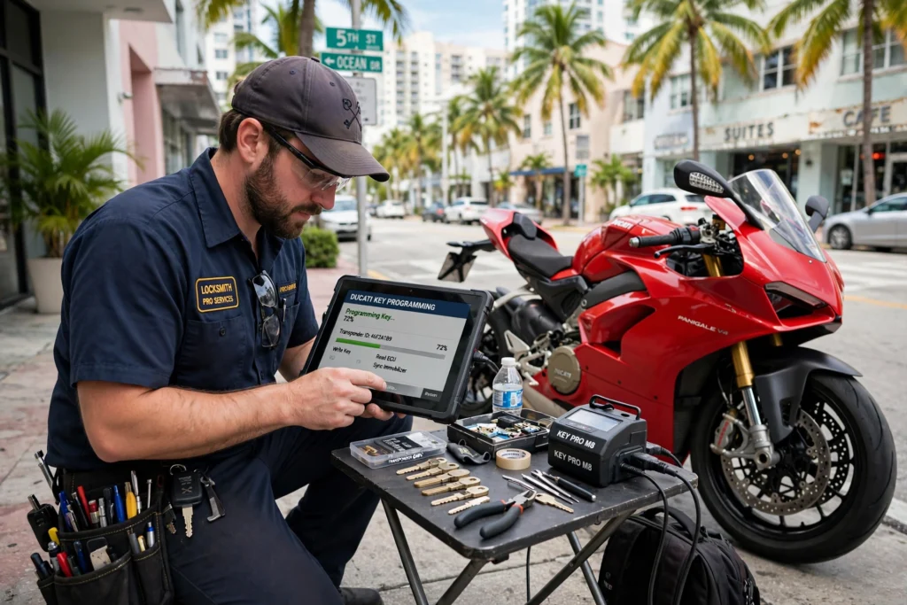 Motorcycle locksmith programming a new key for a Ducati in Miami