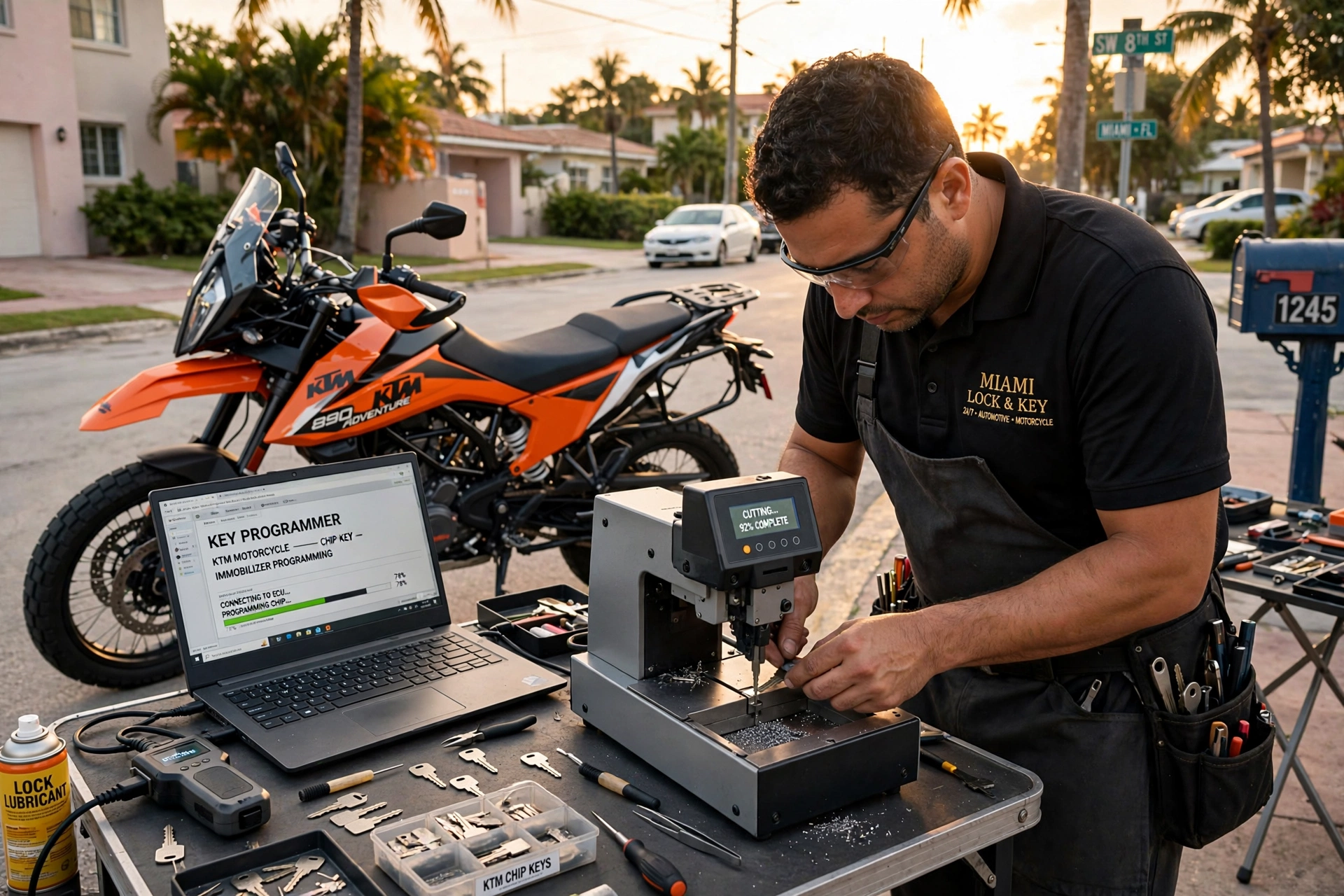 Cerrajero programando una llave con chip para una moto KTM Adventure en Miami