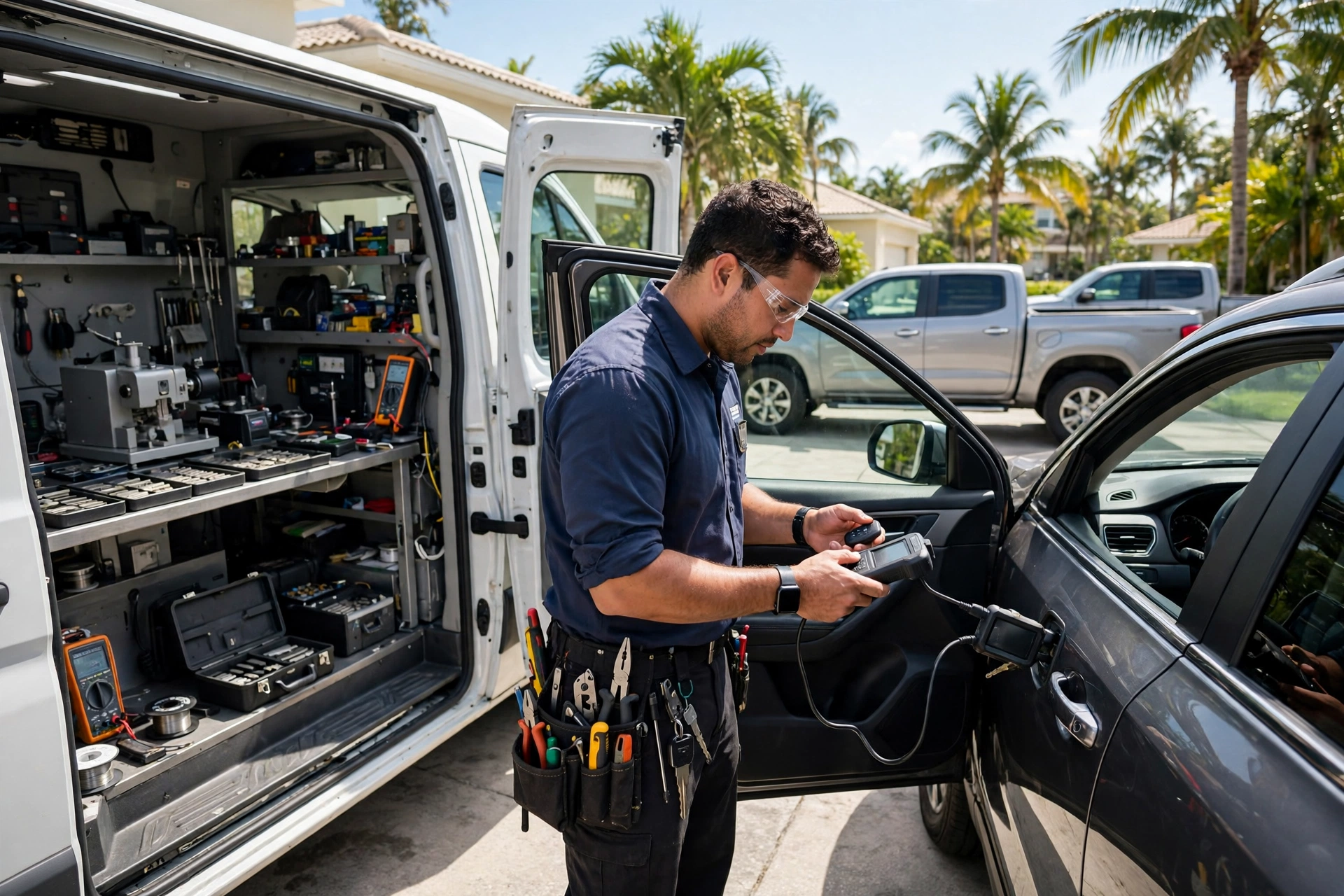 Locksmith programming a key fob for a pickup truck and SUV in Miami